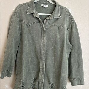 She + Sky Distressed Sage Green Button-Up (One Size)